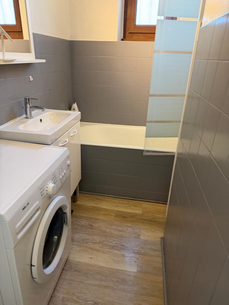 Salle de bain avec lave-linge, carrelage lavé